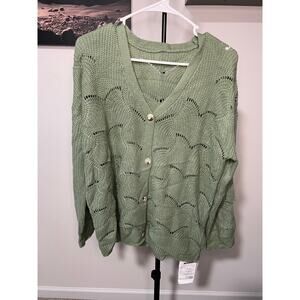 Green Fashion  Button Down Long Sleeve Mesh Women's Sweater/Top sz L